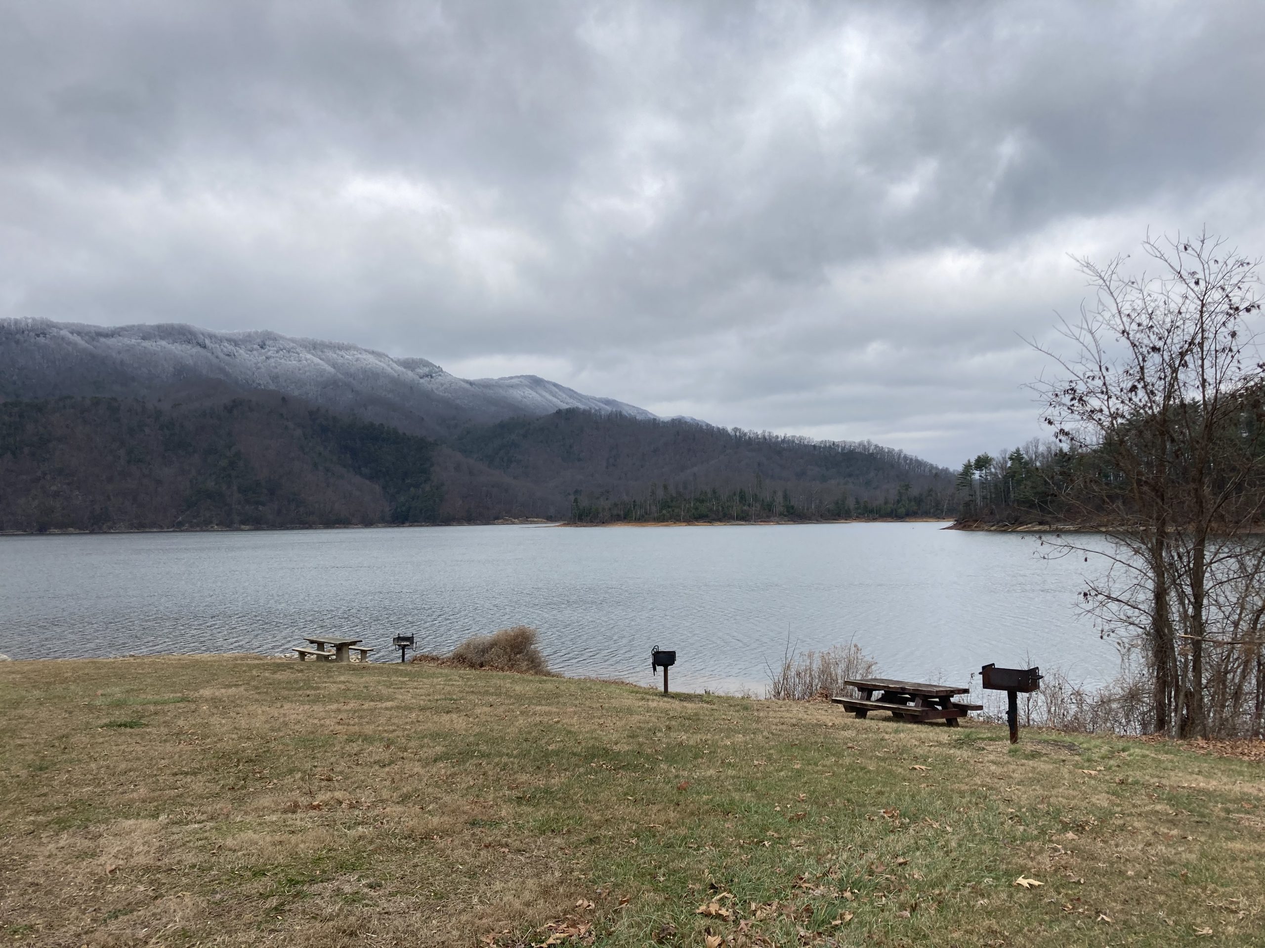 View of Watauga Lake in East Tennessee in the winter after light snow.